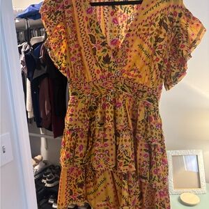 Floral Yellow Dress with Pink and Brown Accents